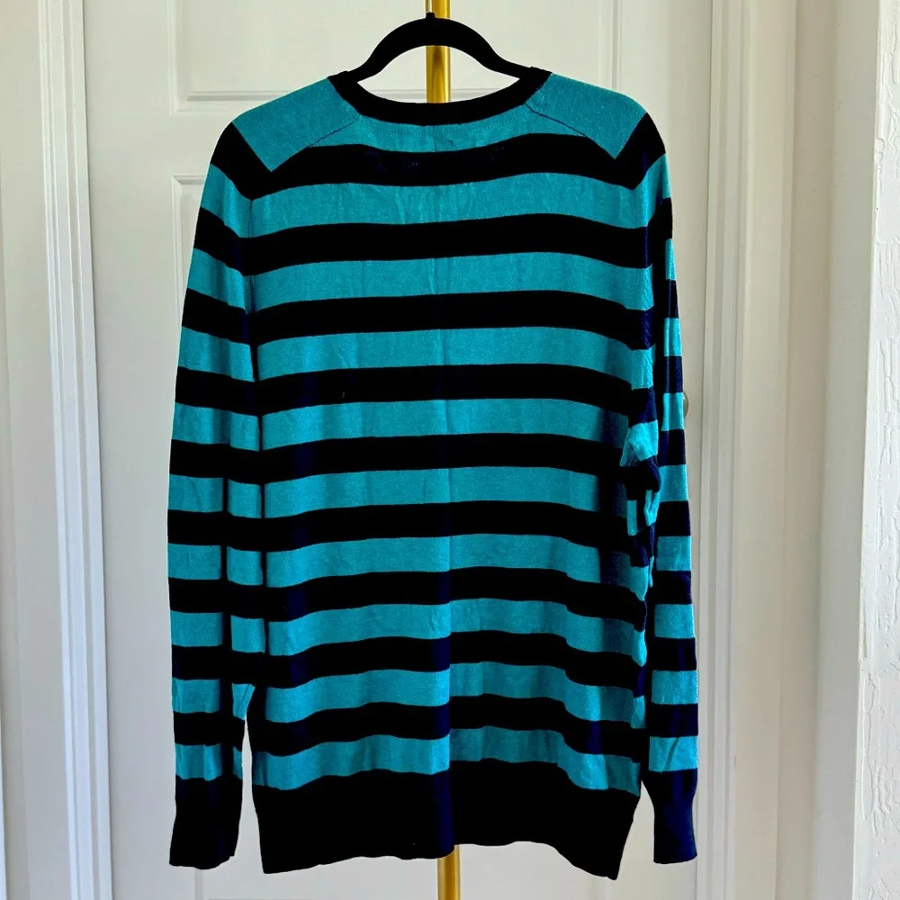 Men's V Neck Blue Green Stripe Long Sleeves Sweater XL Grunge Academia Preppy‎